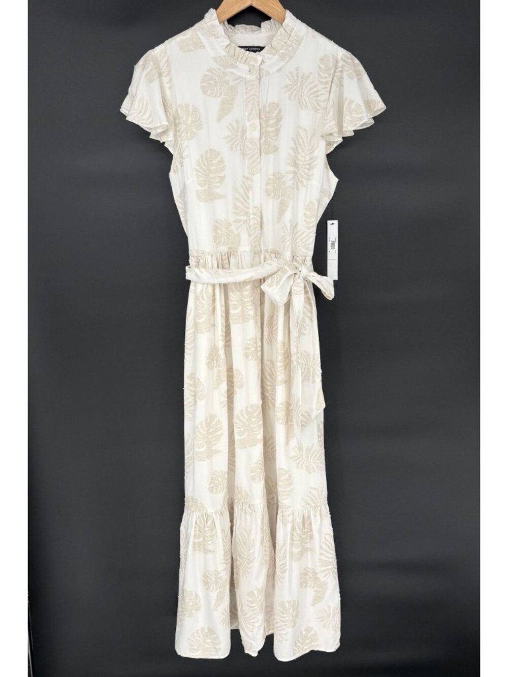 NWT Maggy London Maxi Dress M Ivory Tan Tropical Leaf Linen Blend Coastal Resort